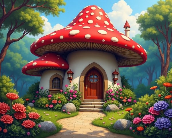 Whimsical Mushroom-Shaped House in Lush Greenery