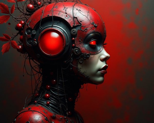 Futuristic humanoid figure with red and black design