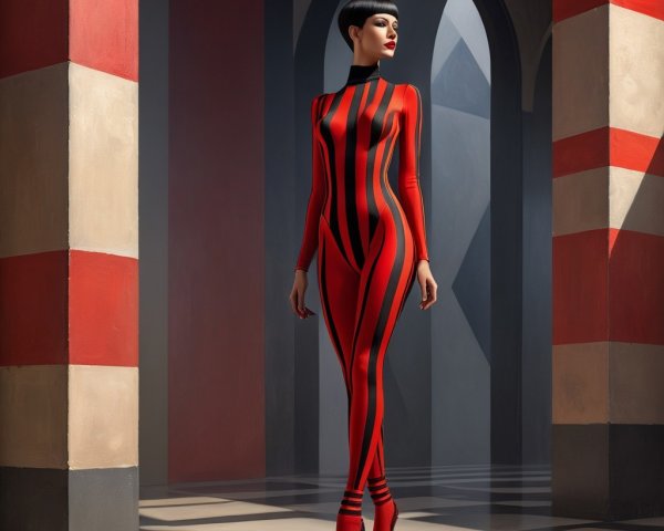Bold Red Bodysuit with Black Stripes in Modern Setting