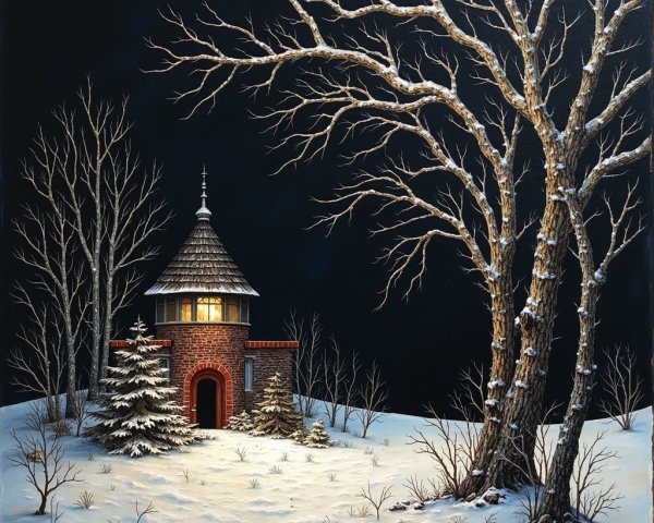 Winter Landscape with Illuminated Building at Night