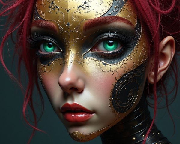 Portrait of a Young Woman with Green Eyes and Mask