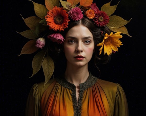 Young woman in floral headdress with autumn leaves