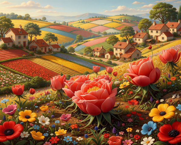 Colorful Landscape of European Village with Flowers