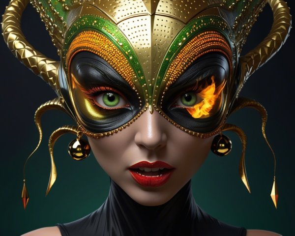Portrait of a woman in an ornate green and gold mask