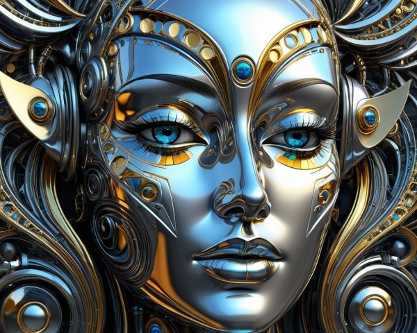 Futuristic Female Face with Metallic and Mechanical Details
