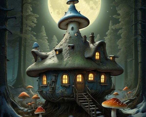 Whimsical Mushroom-Shaped House in a Mystical Forest
