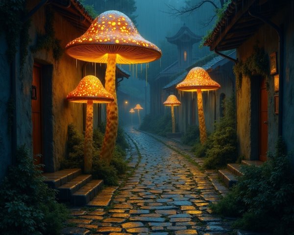 Mystical alleyway with glowing mushrooms and mist
