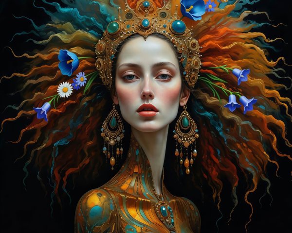 Fantasy Portrait of Woman in Gold and Teal Attire