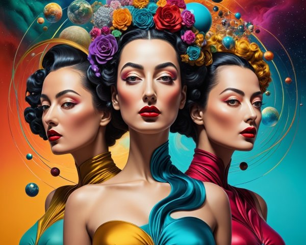 Ethereal Women in Cosmic Setting with Vibrant Dresses