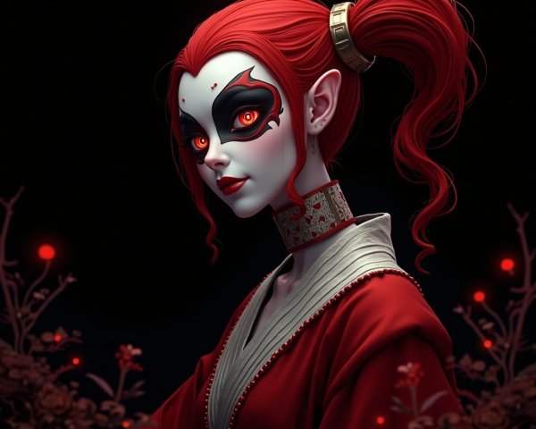 Woman with Red Hair and Bold Makeup in Dark Setting