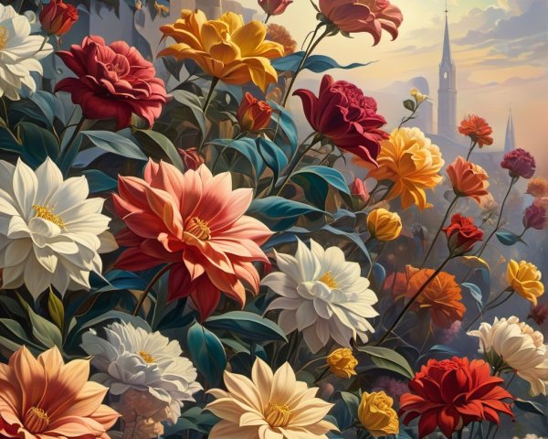 Vibrant Roses in a Lush Garden with Serene Landscape