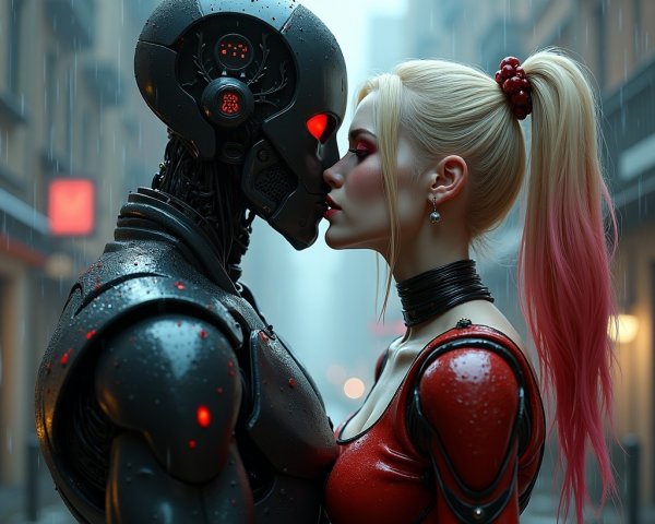 Futuristic Cityscape with Robot and Woman Interaction