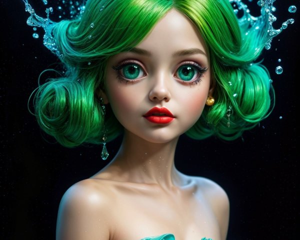 Underwater Portrait of a Doll-like Figure with Green Hair
