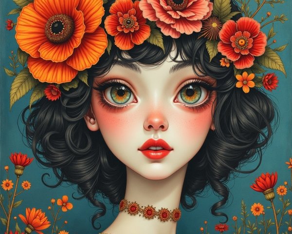 Young woman with flowers and vibrant colors in portrait