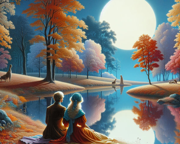 Autumn Landscape with Couple by Tranquil River
