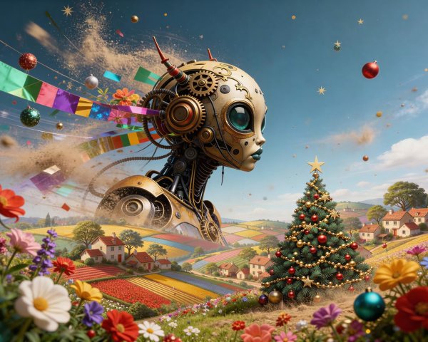 Giant Steampunk Robot Head in a Holiday Scene
