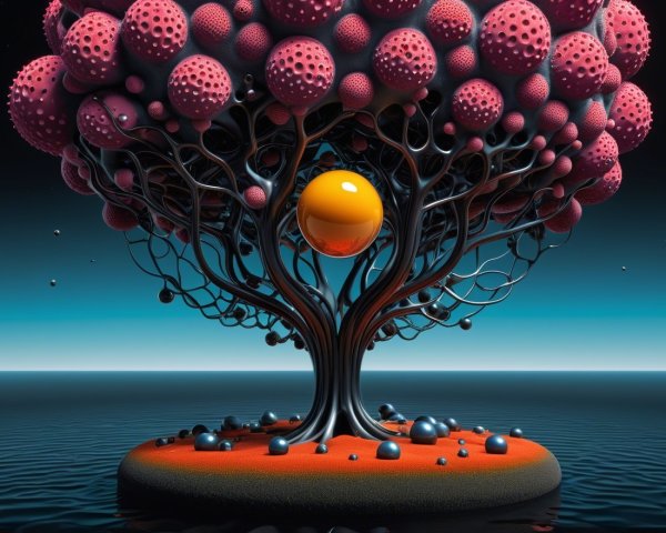 Surreal Tree with Colorful Foliage and Reflective Water