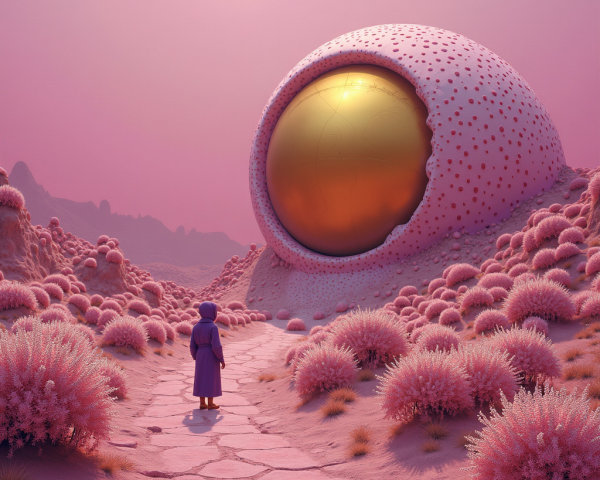 Surreal landscape with pink hues and golden orb