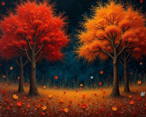 Autumn Landscape with Red and Orange Trees