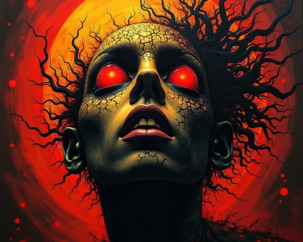 Haunting Figure Against Blood-Red Moon with Textured Skin