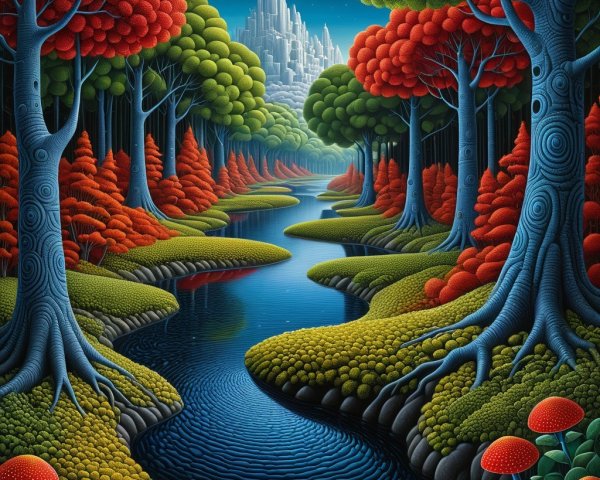 Surreal Landscape with Colorful Trees and Castle