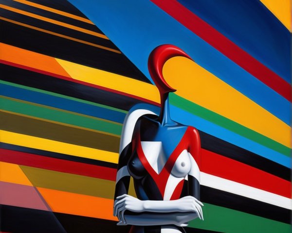 Stylized Figure with Geometric Patterns and Stripes