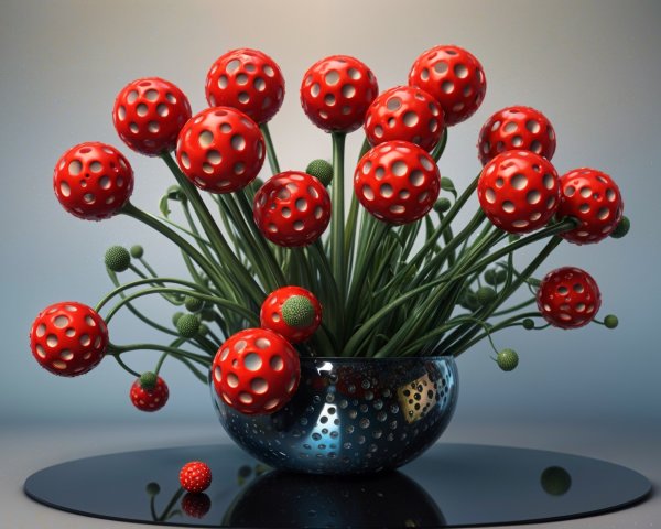 Vibrant Red Spherical Flowers in Metallic Bowl