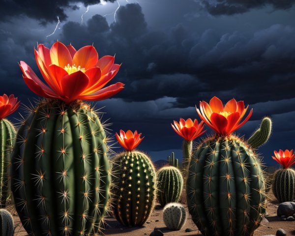 Dramatic Desert Landscape with Cacti and Stormy Sky