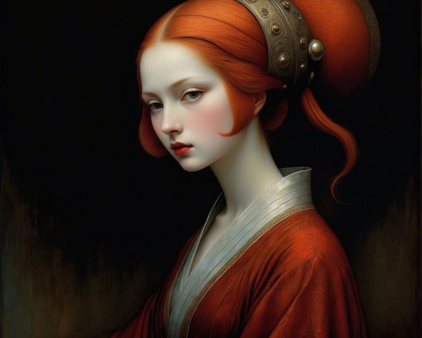 Portrait of a young woman with red hair and elegant attire