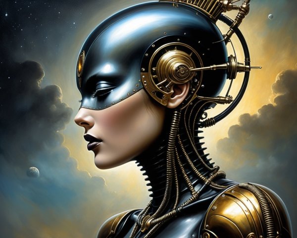 Futuristic Cyborg Woman in Cosmic Landscape