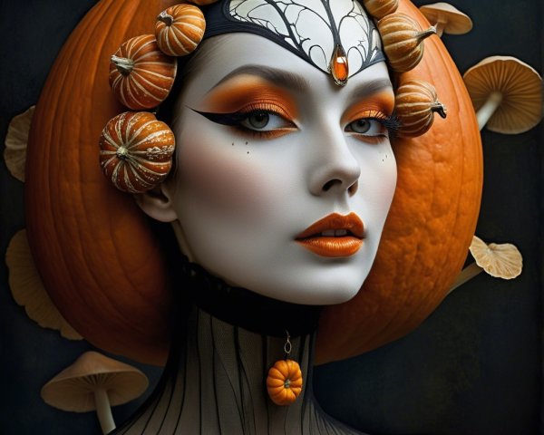 Pumpkin Headpiece with Bold Autumn Makeup Design