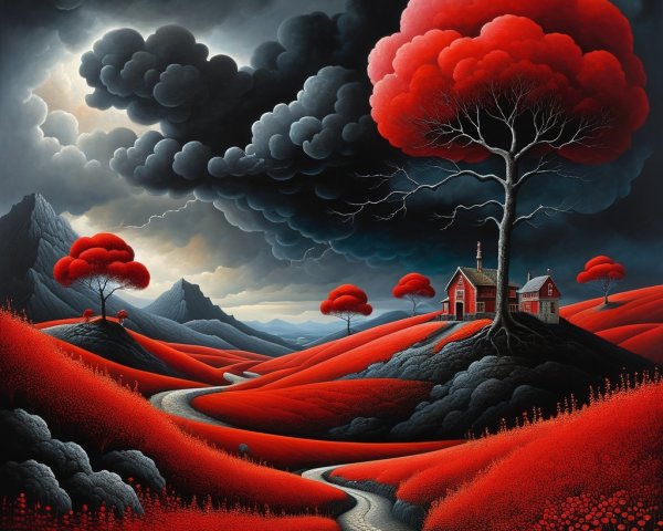 Surreal Landscape with Red Hills and Dramatic Sky