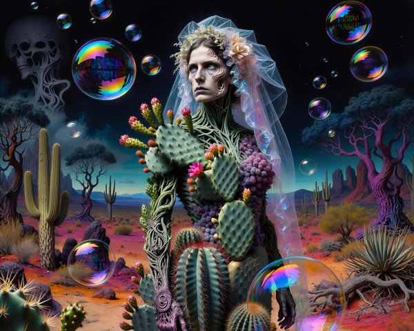 Surreal Desert Scene with Cactus Woman and Bubbles