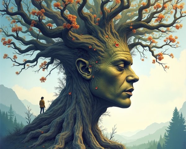 Surreal Landscape with Tree and Human Face