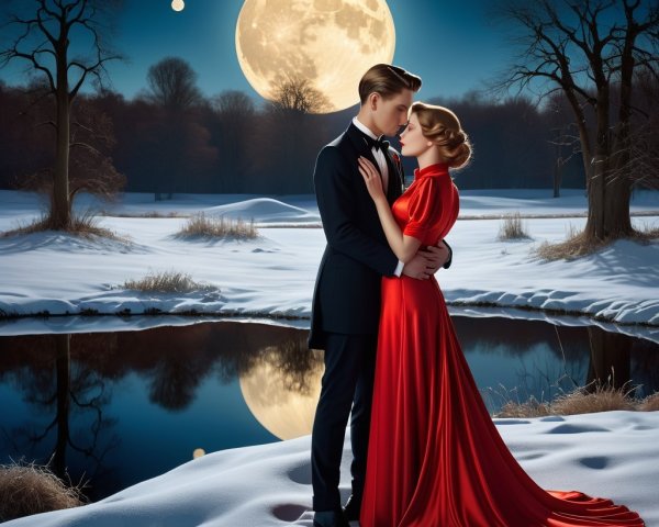 Romantic Winter Scene by a Moonlit Lake