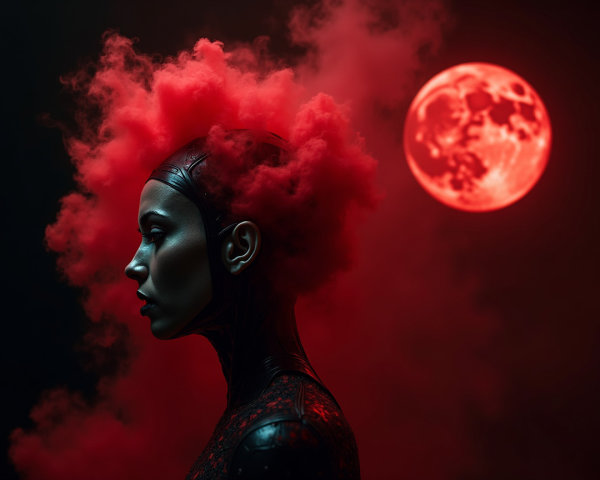 Female figure in dark bodysuit with red cloud backdrop