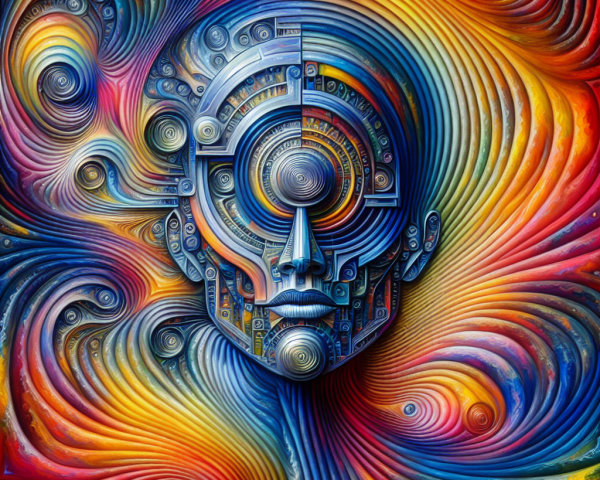 Abstract Humanoid Face with Vibrant Colors and Patterns