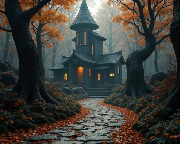 Mystical Wooden House in Enchanting Forest Setting