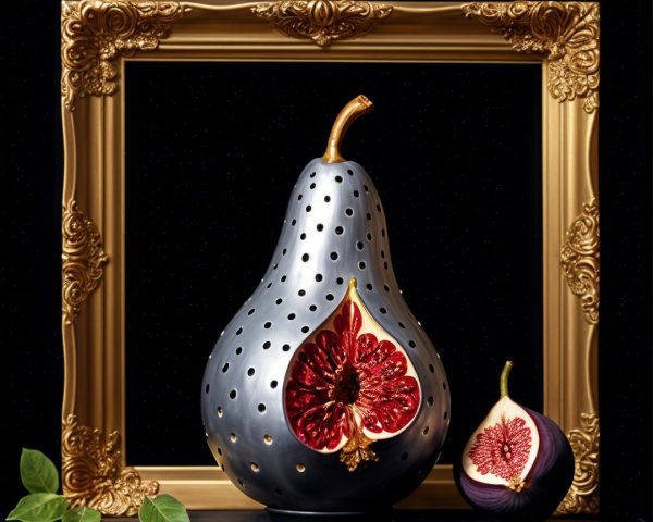 Still Life of Black Pear with Red Interior and Fig