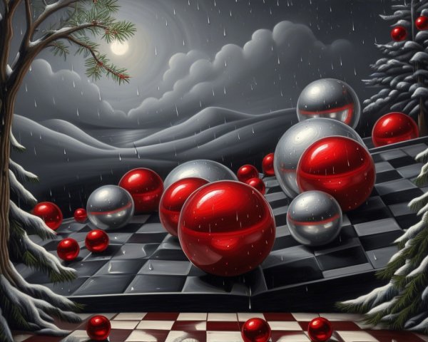 Surreal Landscape with Warped Chessboard and Spheres