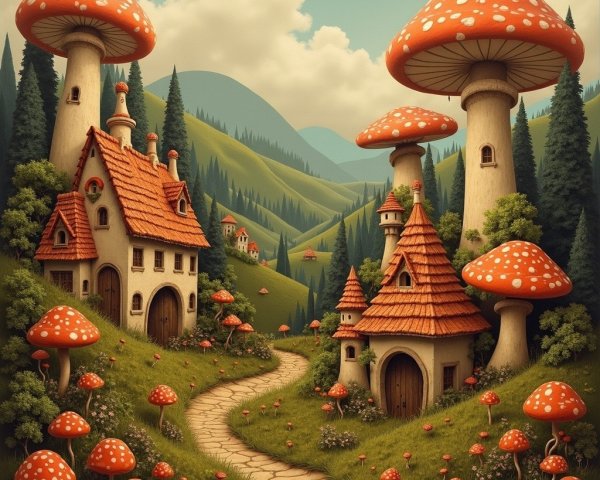 Whimsical Landscape with Colorful Mushrooms and Cottages
