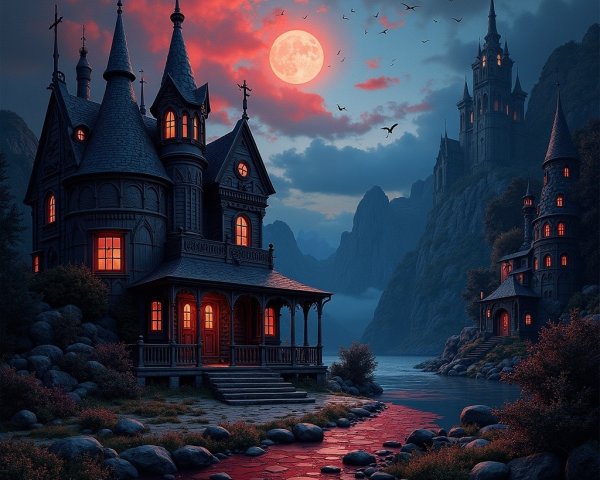 Mystical Landscape with Dark Castles and Twilight Sky