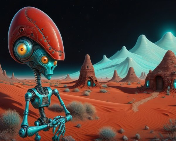 Futuristic Alien in Surreal Desert Landscape at Night