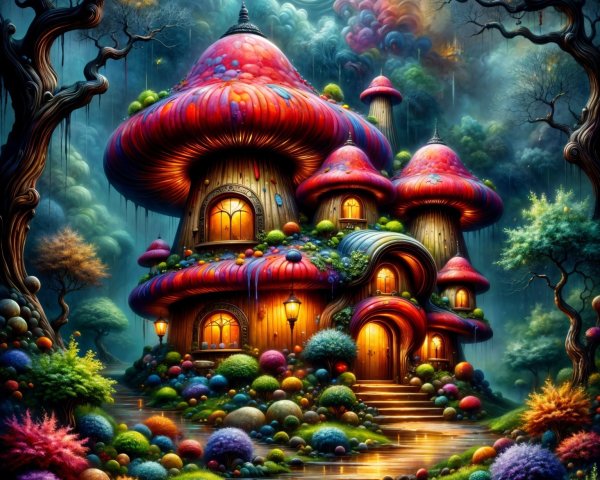 Whimsical Mushroom House in Enchanted Forest Setting