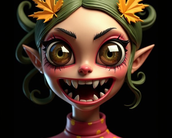 Whimsical Cartoon Character with Green Hair and Fangs