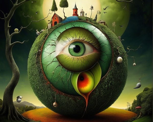 Surreal Landscape with Giant Eye and Whimsical Houses