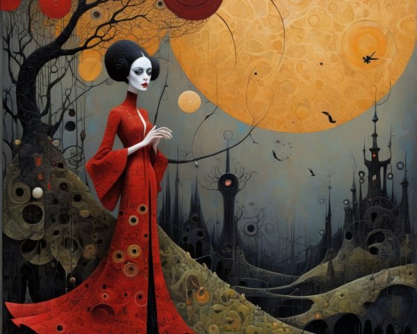Mysterious Figure in Red Gown Against Surreal Landscape