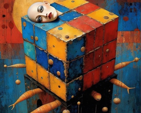 Surreal Artwork with Multicolored Rubik's Cube and Head