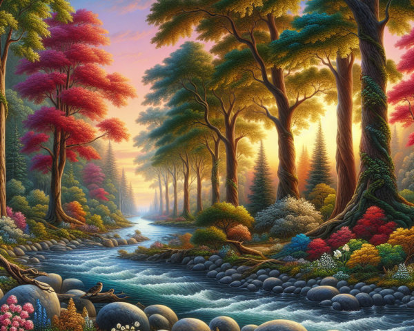 Serene Forest Landscape at Sunset with Vibrant Colors