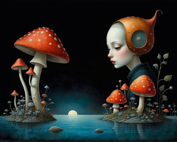 Surreal Landscape with Enigmatic Girl and Mushrooms
